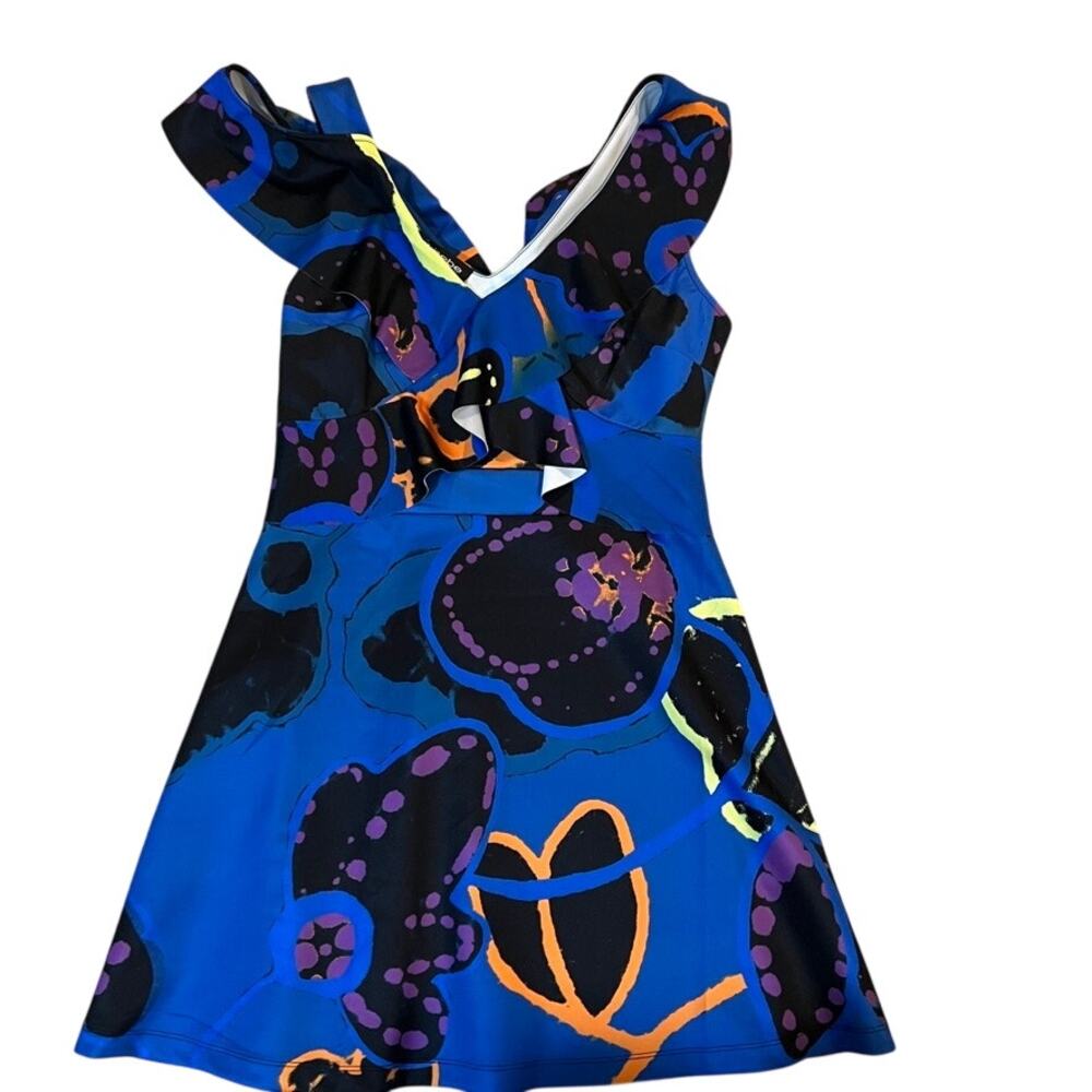 Bebe Ruffle Fit and Flare Dress Jelly‎ Flower Size Large NEW Abstract Artsy
